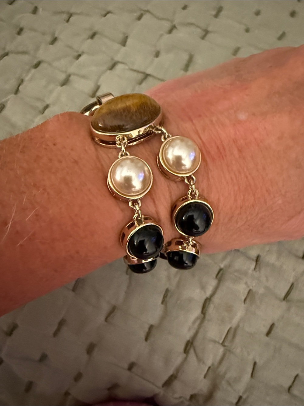 Gold-Tone Bracelet with Pearl and Black Stone Accents
